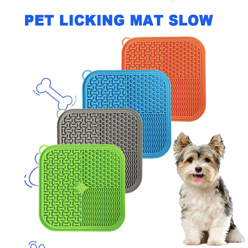 LickCalm slow-feed lick mat with suction cups — blue silicone anxiety relief pad for dogs and cats